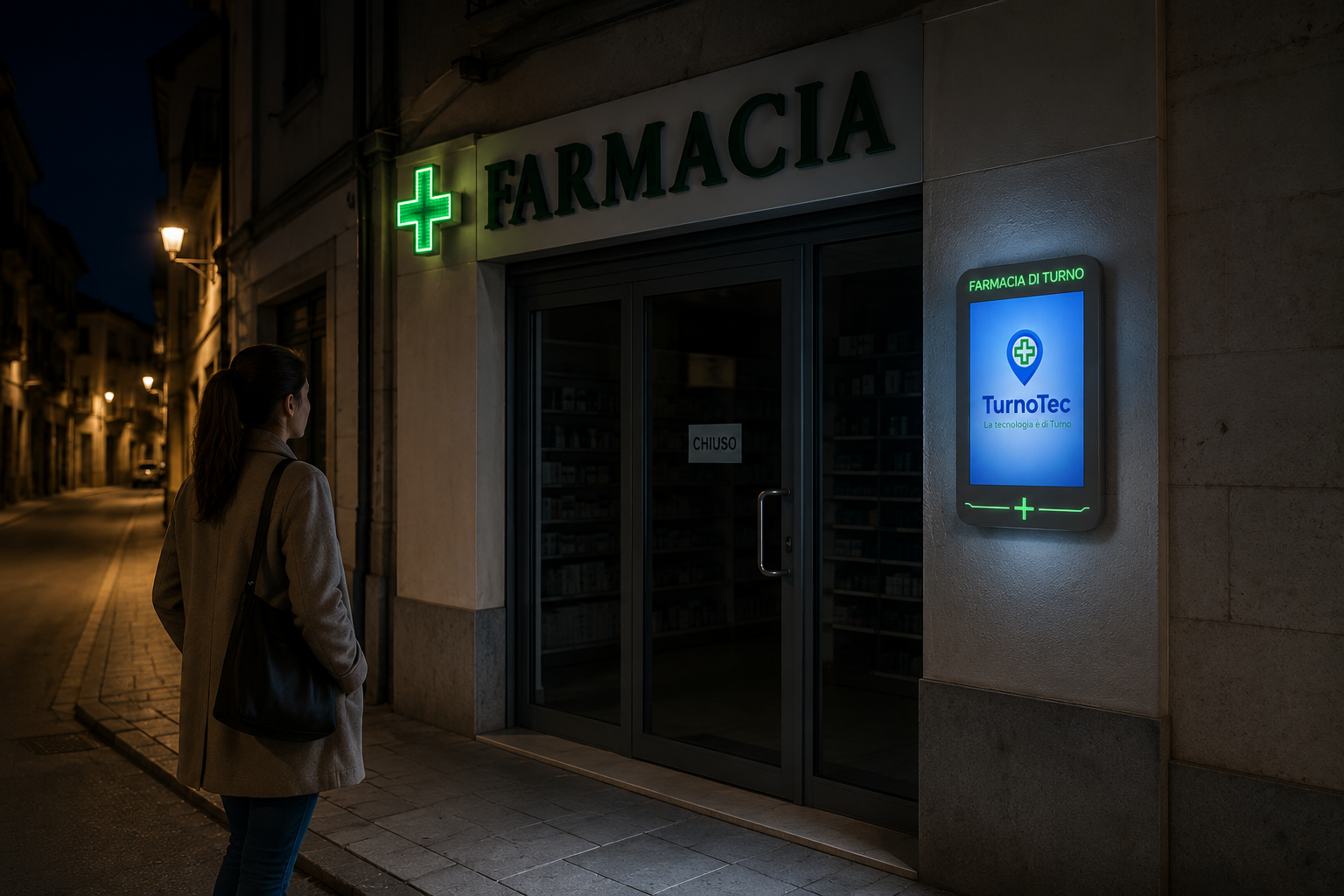 Farmacia chiusa di notte, persona alla ricerca dei turni