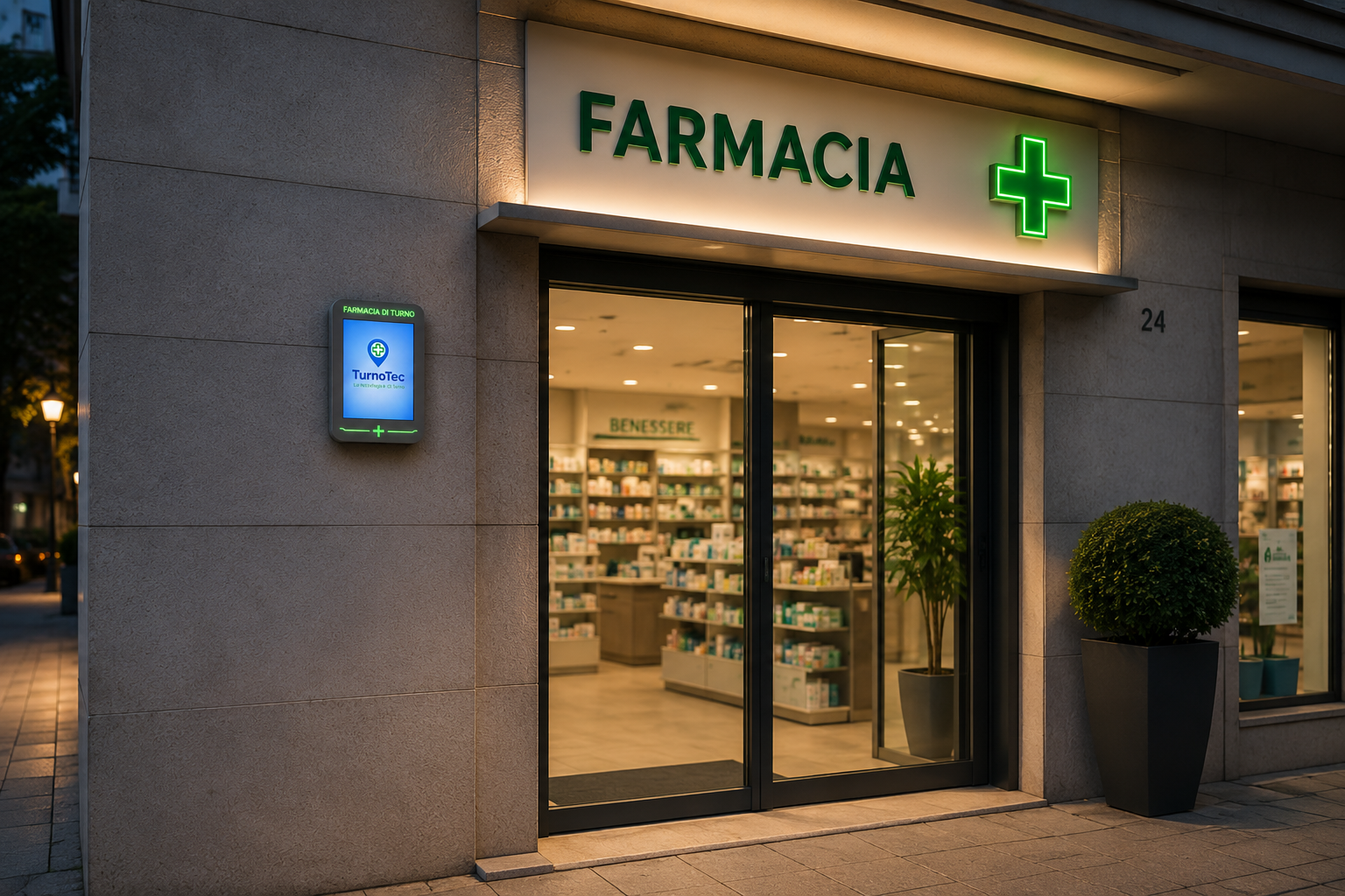 Display TurnoTec installato all'ingresso di una farmacia